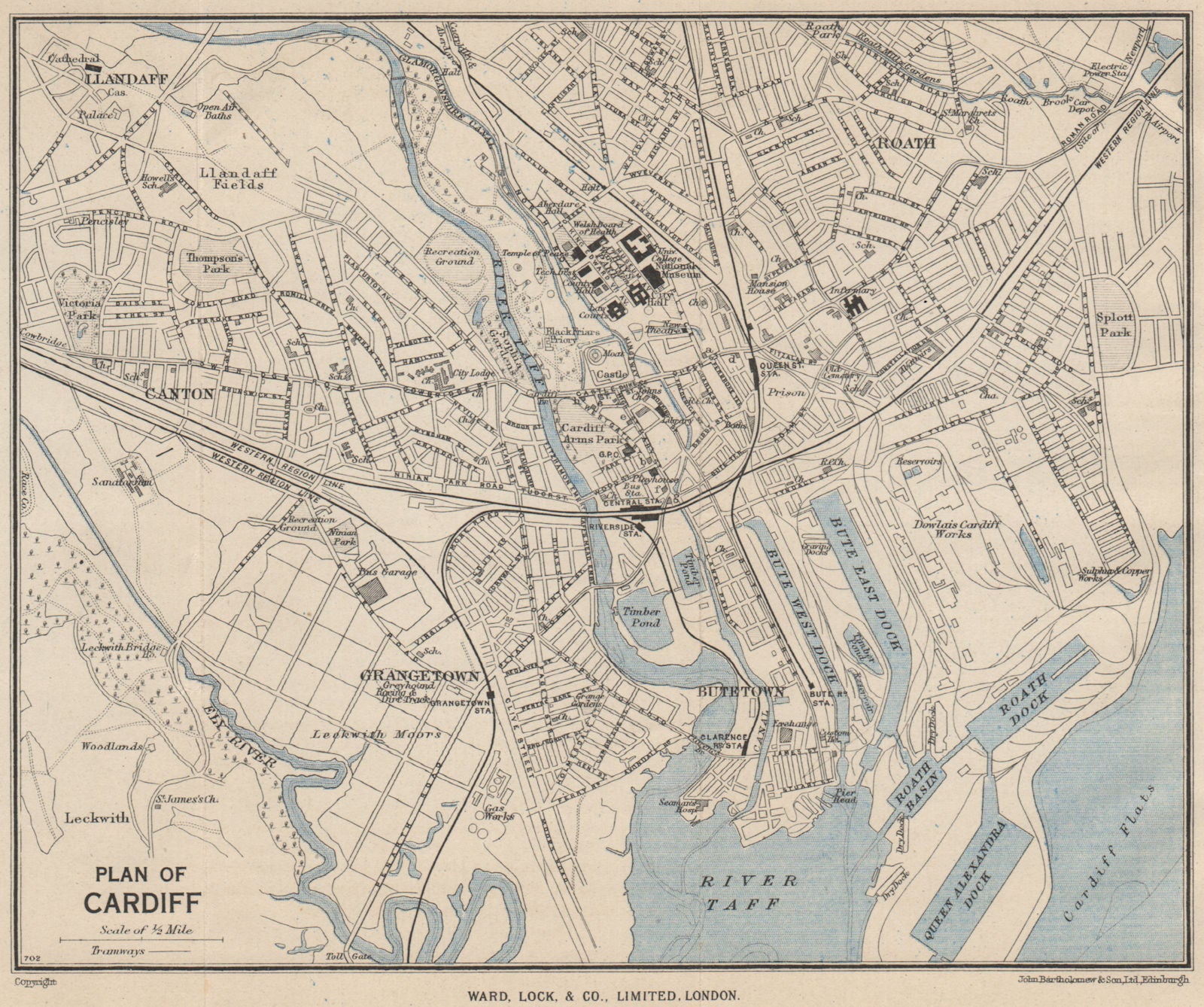 CARDIFF vintage city town plan. Wales. WARD LOCK 1950 old vintage map chart